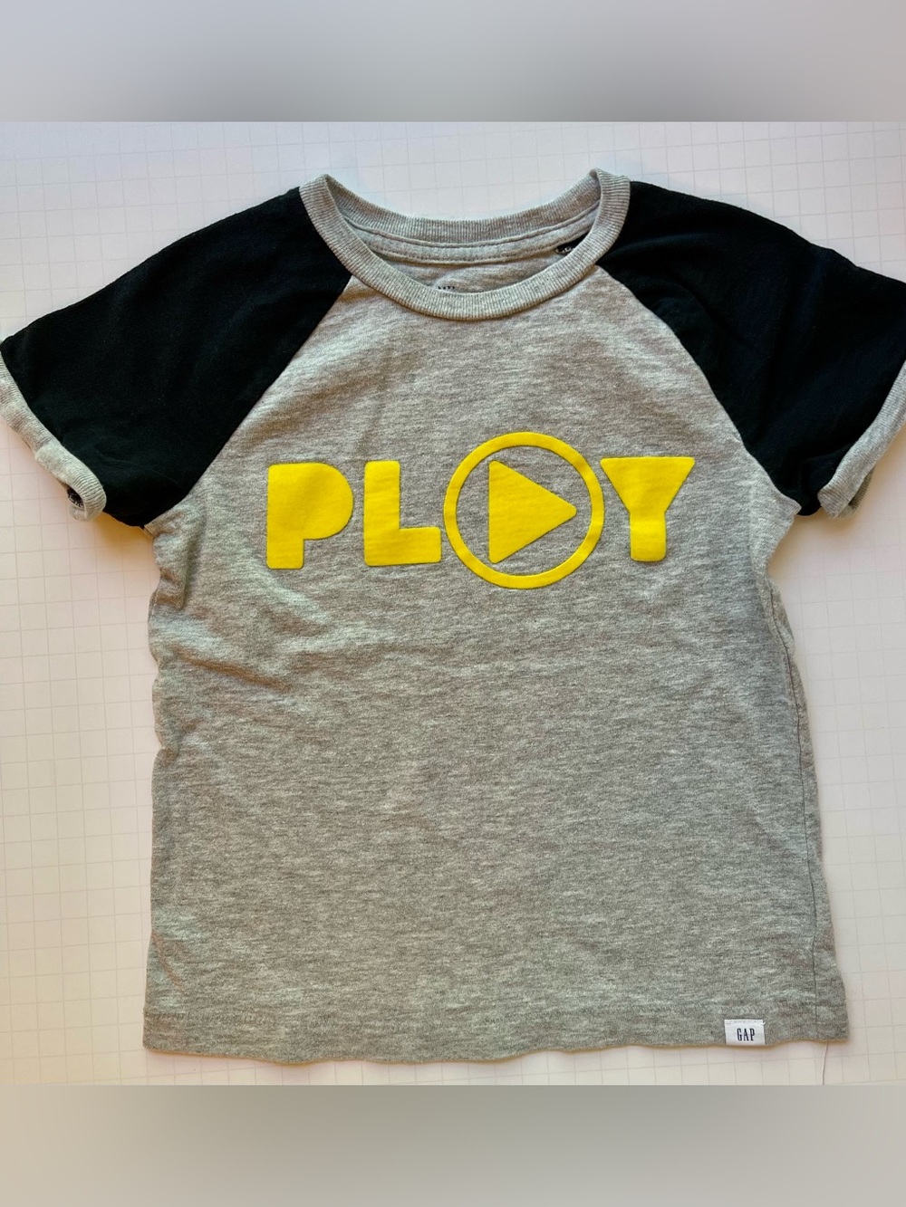 GAP Boys 5T Gray Cotton with Black Sleeves and Yellow PLAY Graphic